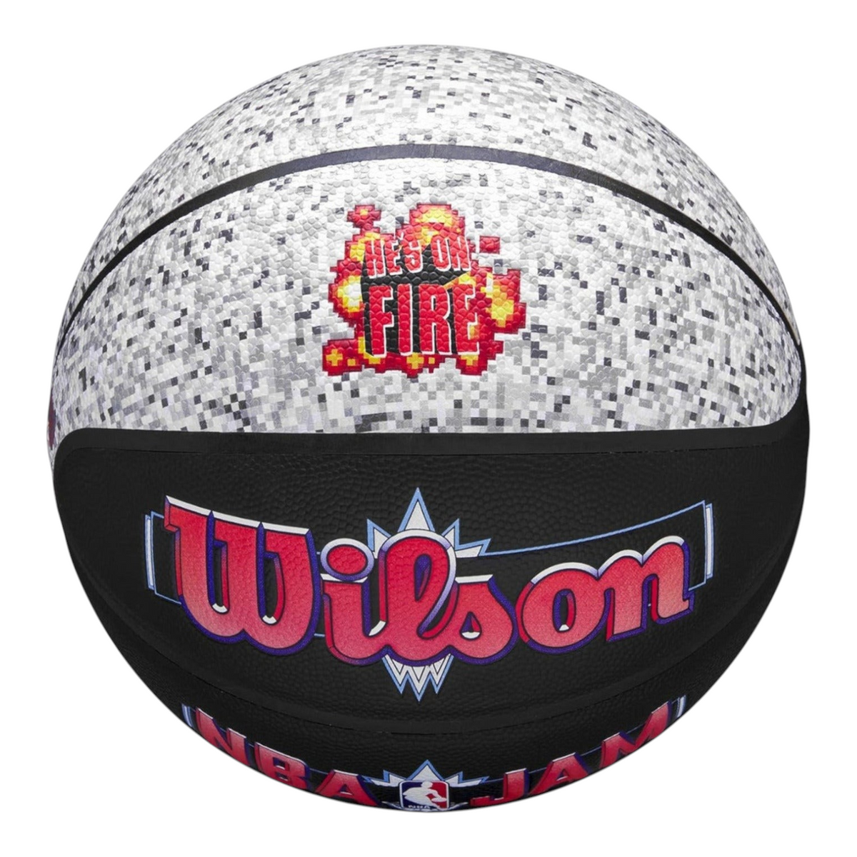 Balón de básquetbol Radach Sports Wilson NBA Jam tamaño 7 con diseño arcade pixelado y logotipo oficial en negro