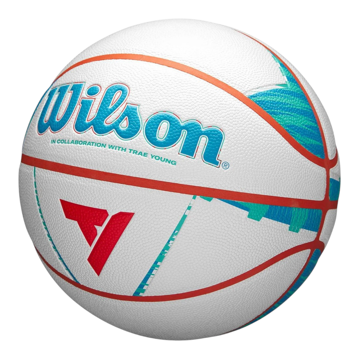 Balón de basquetbol Radach Sports Wilson x Trae Young edición limitada, color blanco con detalles en azul y rojo