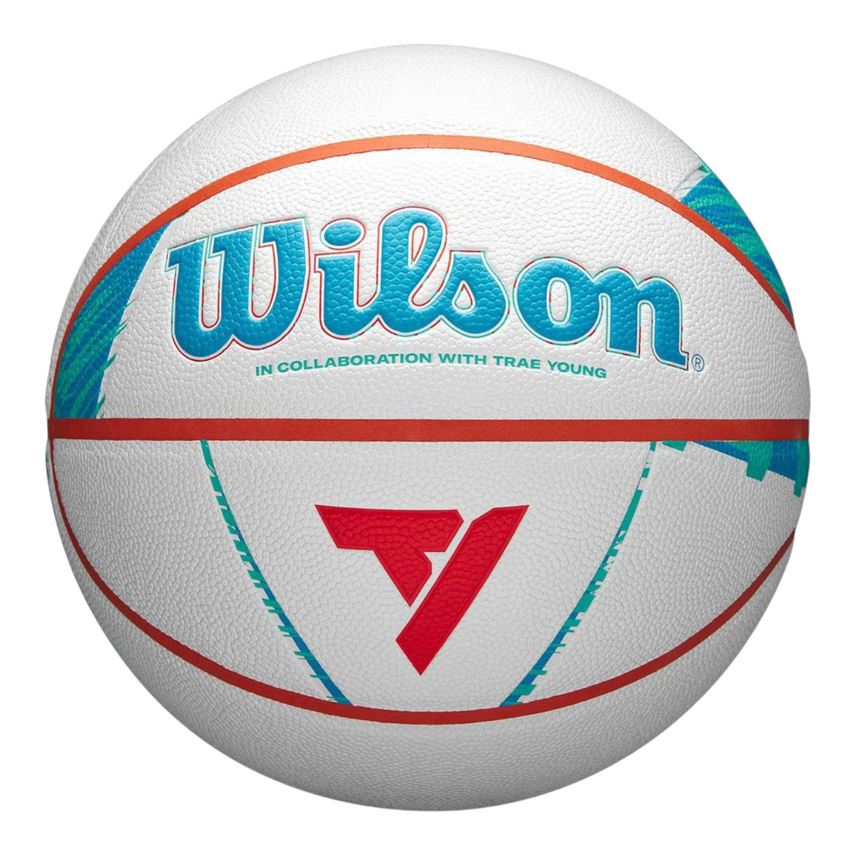 Balón de basquetbol Radach Sports Wilson x Trae Young edición limitada, color blanco con detalles en azul y rojo