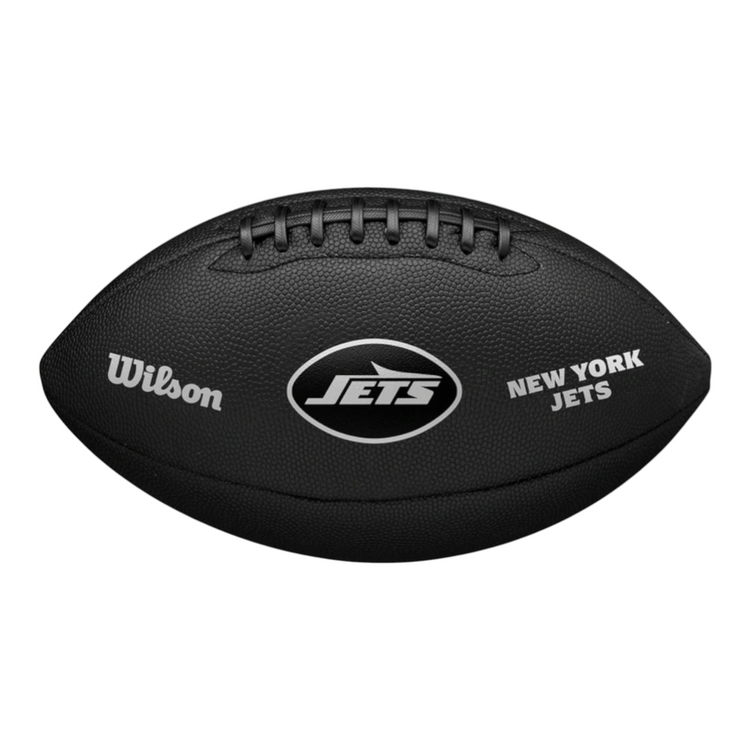 Balón de fútbol americano Radach Sports Wilson NFL New York Jets con acabado metálico negro y superficie texturizada.