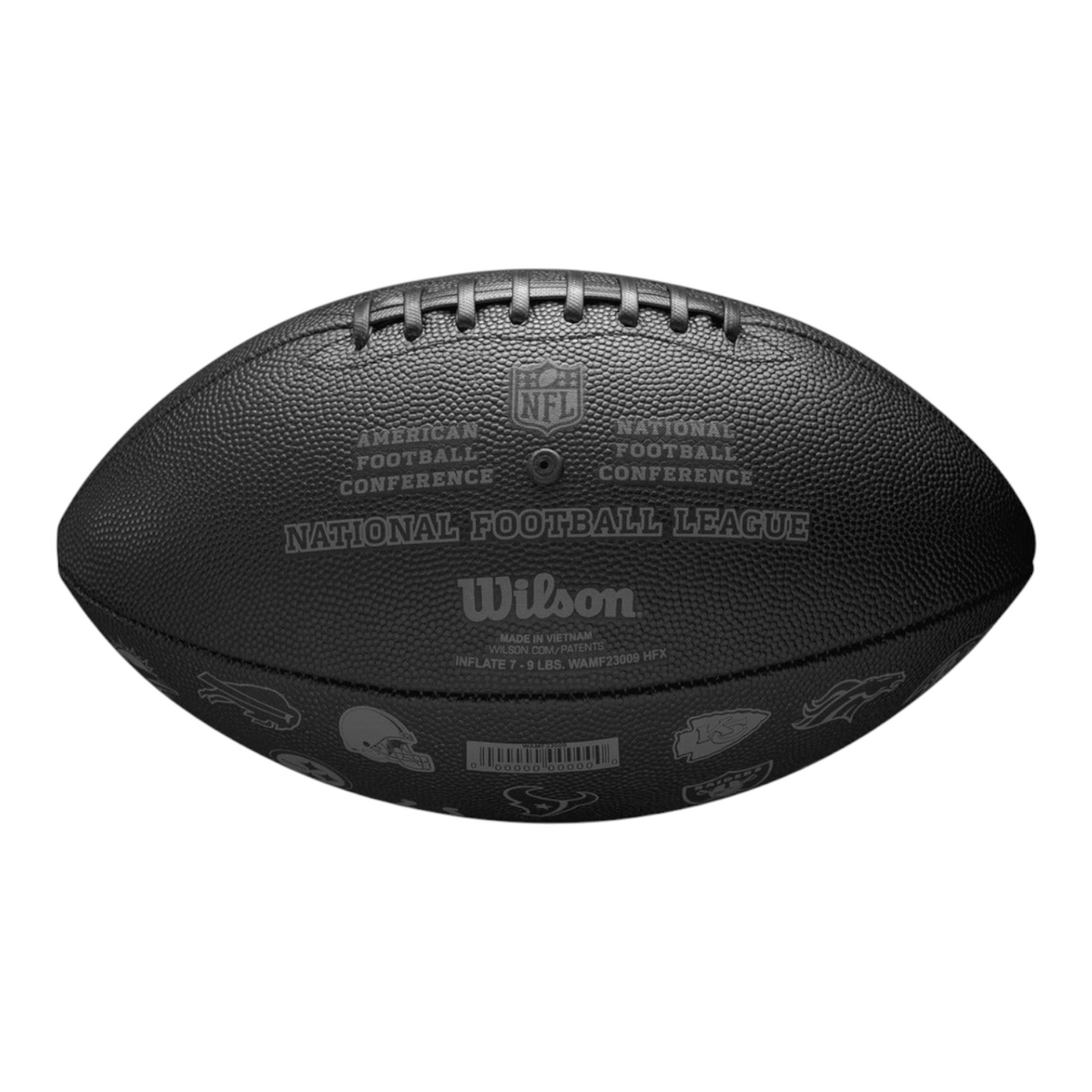 Balón de fútbol americano Radach Sports Wilson NFL 32 Team en color negro con logotipos de equipos y textura rugosa