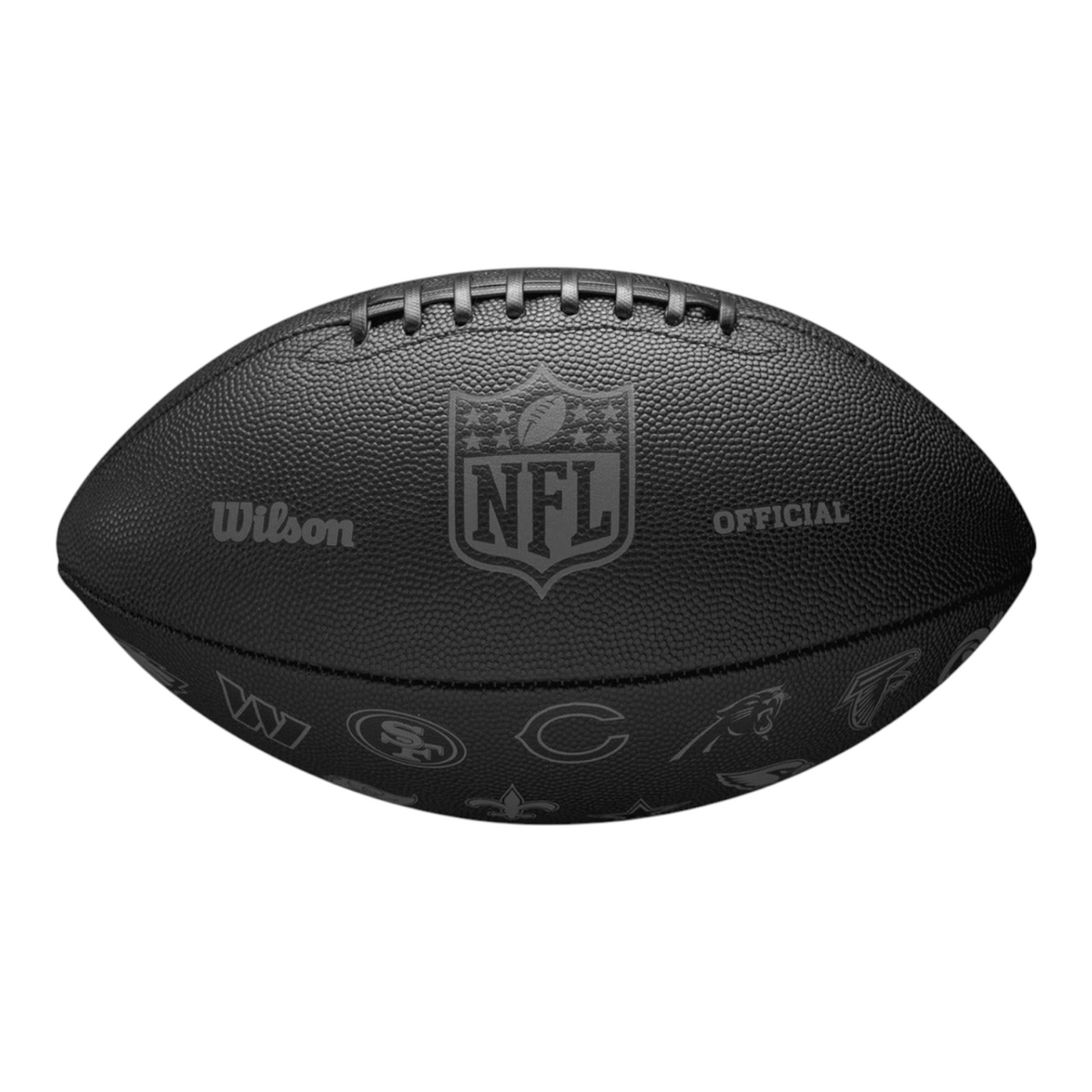 Balón de fútbol americano Radach Sports Wilson NFL 32 Team en color negro con logotipos de equipos y textura rugosa