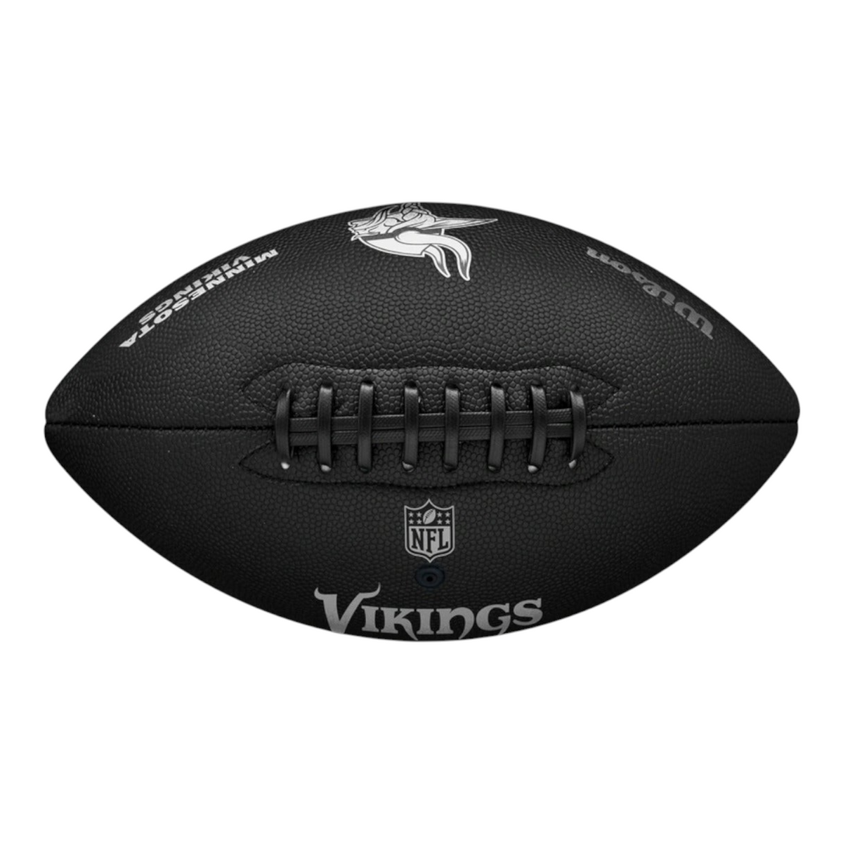 Balón de fútbol americano Radach Sports Wilson NFL Metallic de los Minnesota Vikings en color negro con logo plateado