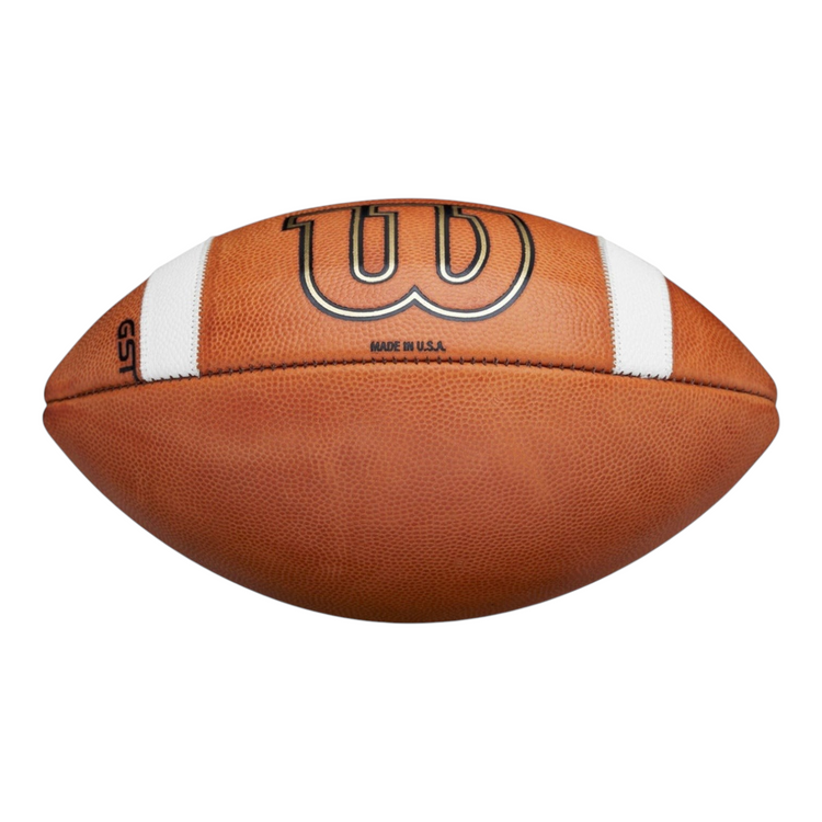 Balón de fútbol americano Wilson GST 1003 de piel natural color café con franjas blancas, disponible en Radach Sports