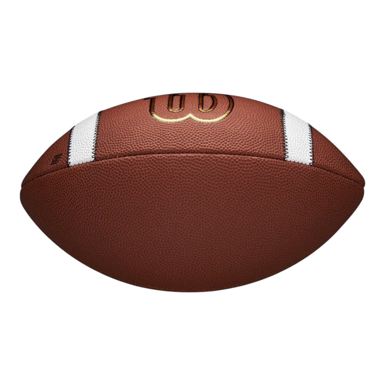Balón de fútbol americano Wilson GST Speedskin Junior color café con textura rugosa y franjas blancas de Radach Sports