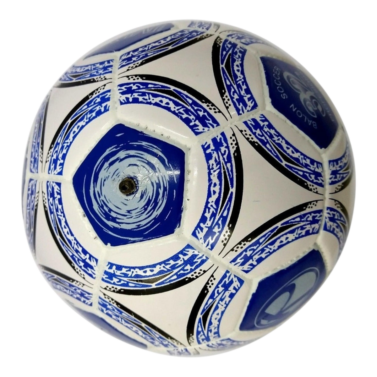 Balón de fútbol Radach Sports número 5 en color blanco y azul, fabricado en material sintético cosido a mano.