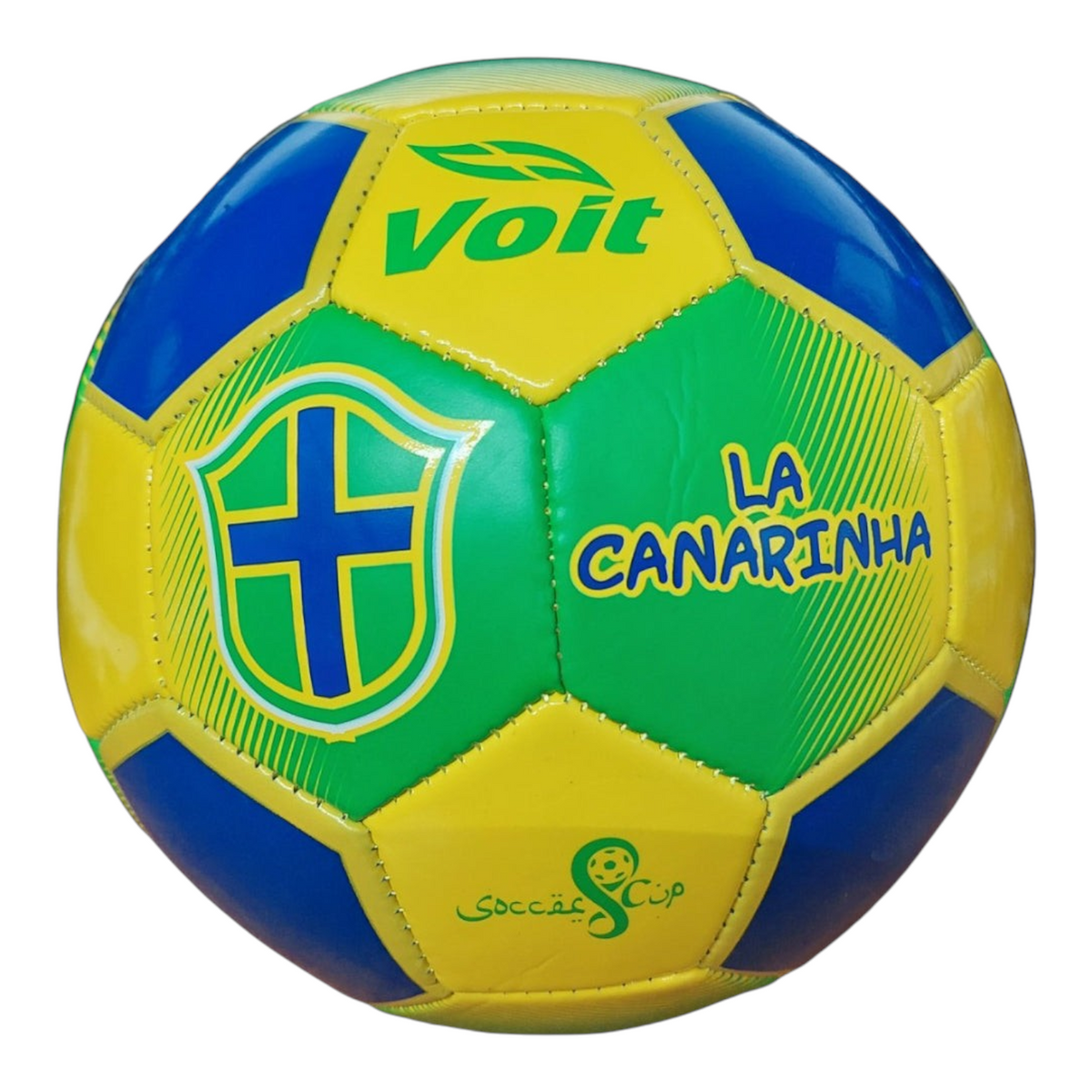Balón de fútbol número 3 Voit Brasil de Radach Sports, diseño multicolor en amarillo, verde y azul con 26 paneles.