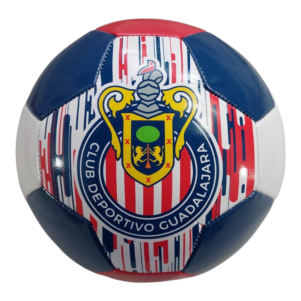 Balón de fútbol Radach Sports número 5 del Club Guadalajara con diseño oficial en blanco, azul y rojo