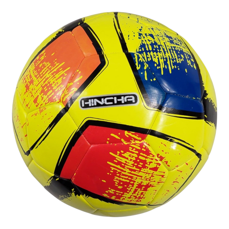 Balón de fútbol Radach Sports Hincha Híbrido número 5 en color amarillo con detalles gráficos en rojo y azul