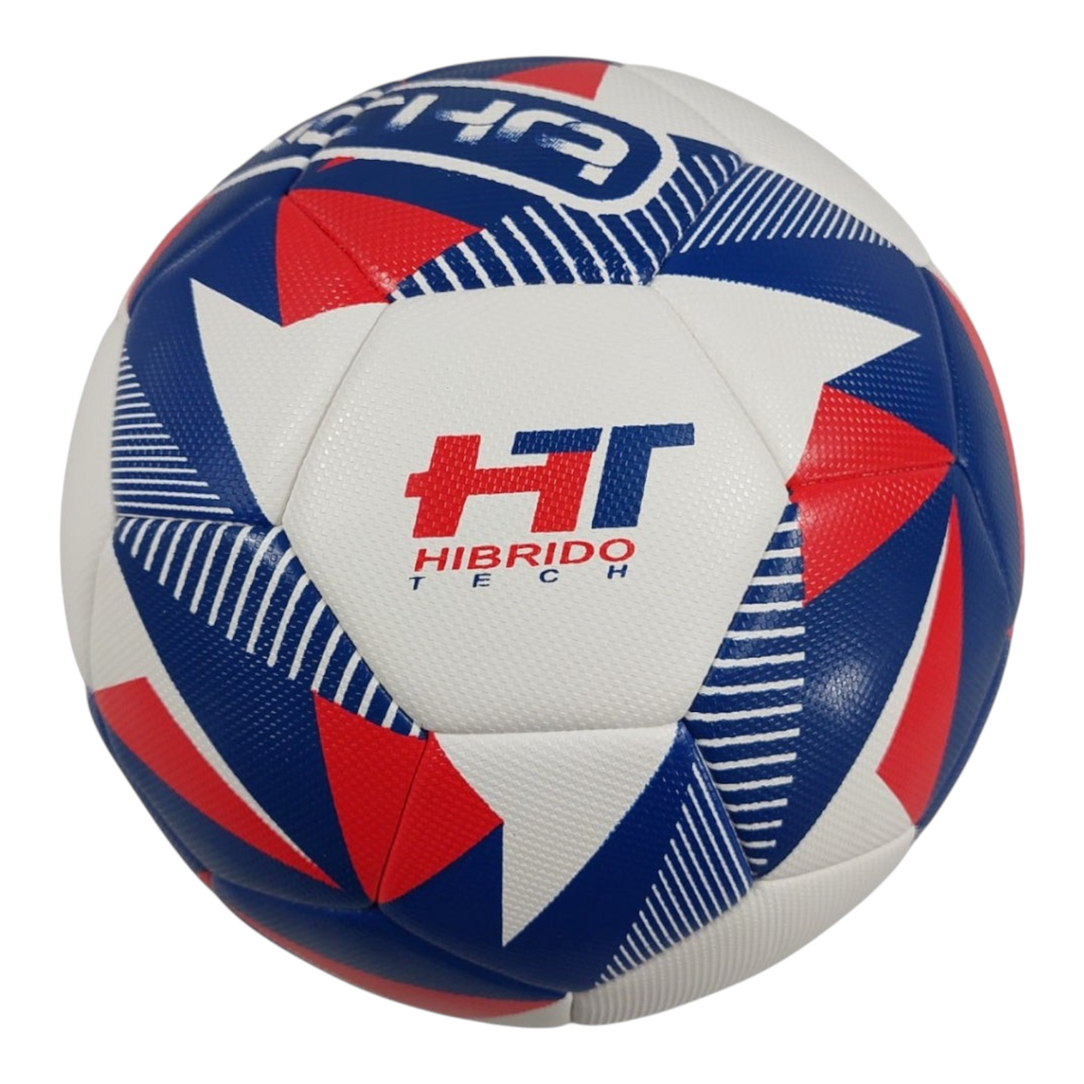 Balón de fútbol Radach Sports número 5 con diseño tricolor en rojo, azul y blanco y tecnología híbrida