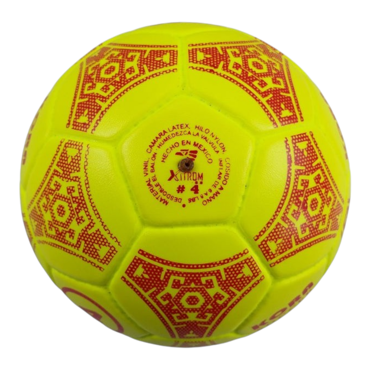 Balón de fútbol Radach Sports Kora No. 4 amarillo con detalles geométricos rojos, hecho de vinil y cosido a mano.