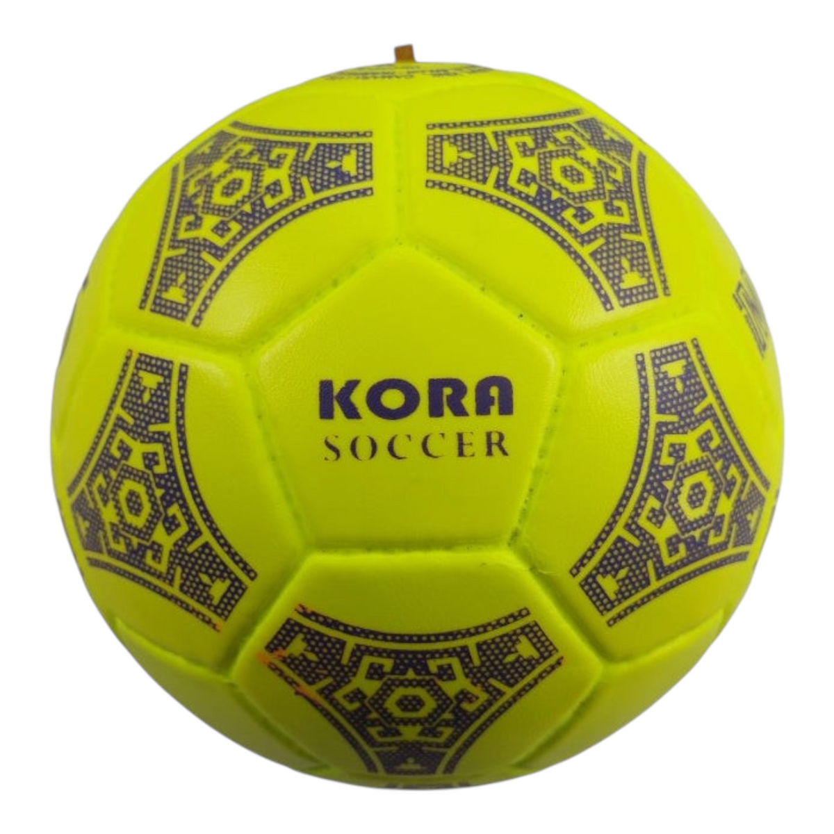 Balón de fútbol Radach Sports Kora número 5, color amarillo neón con diseño geométrico, hecho de vinil cosido a mano.
