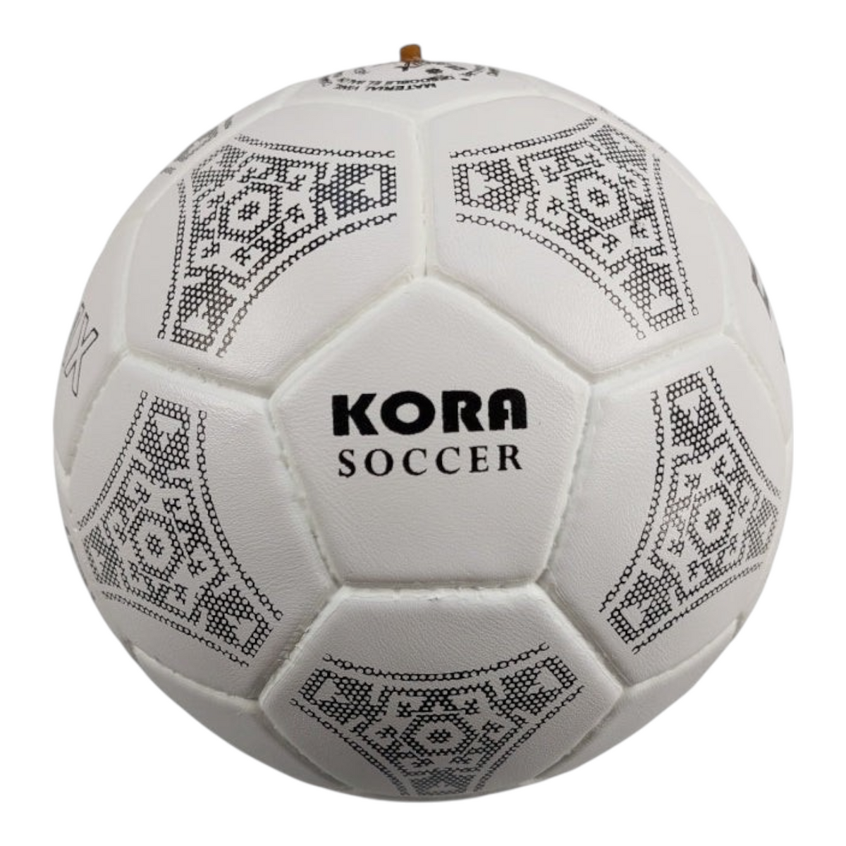 Balón de fútbol Radach Sports Kora número 5 de vinil blanco con 32 gajos y diseño geométrico negro cosido a mano.