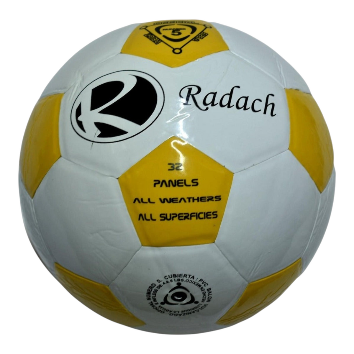 Balón de fútbol Radach Sports número 5 laminado en color blanco y amarillo, ideal para todo tipo de superficies.