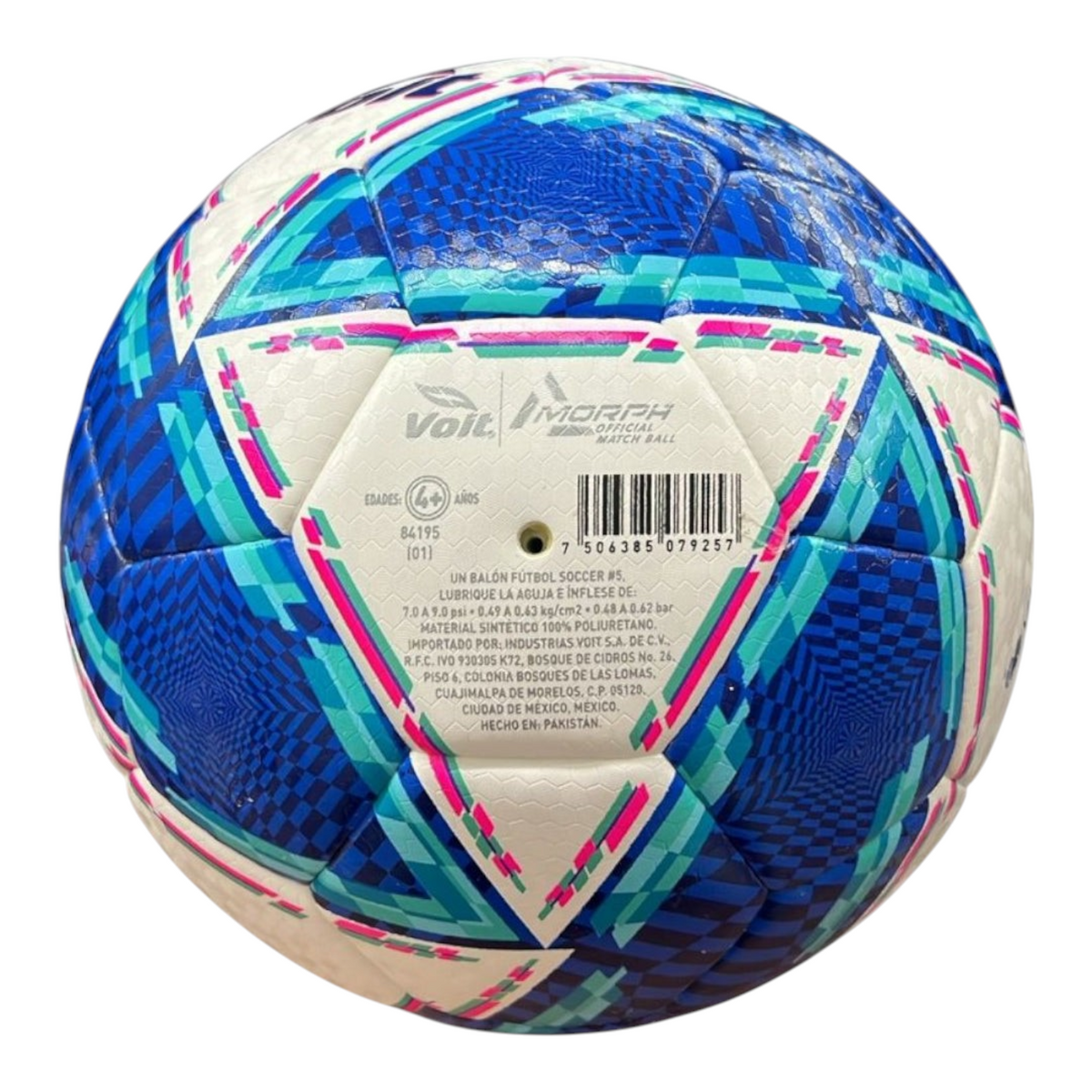 Balón de fútbol Radach Sports Voit Morph Apertura 2024 con diseño geométrico azul, blanco y rosa, tamaño 5