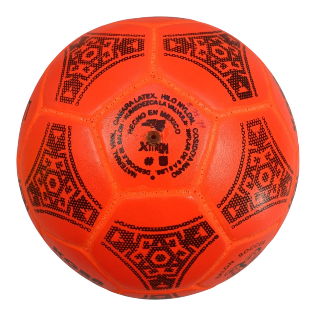 Balón de fútbol Radach Sports Kora No. 5 naranja con diseño geométrico tradicional mexicano y costuras de nylon.