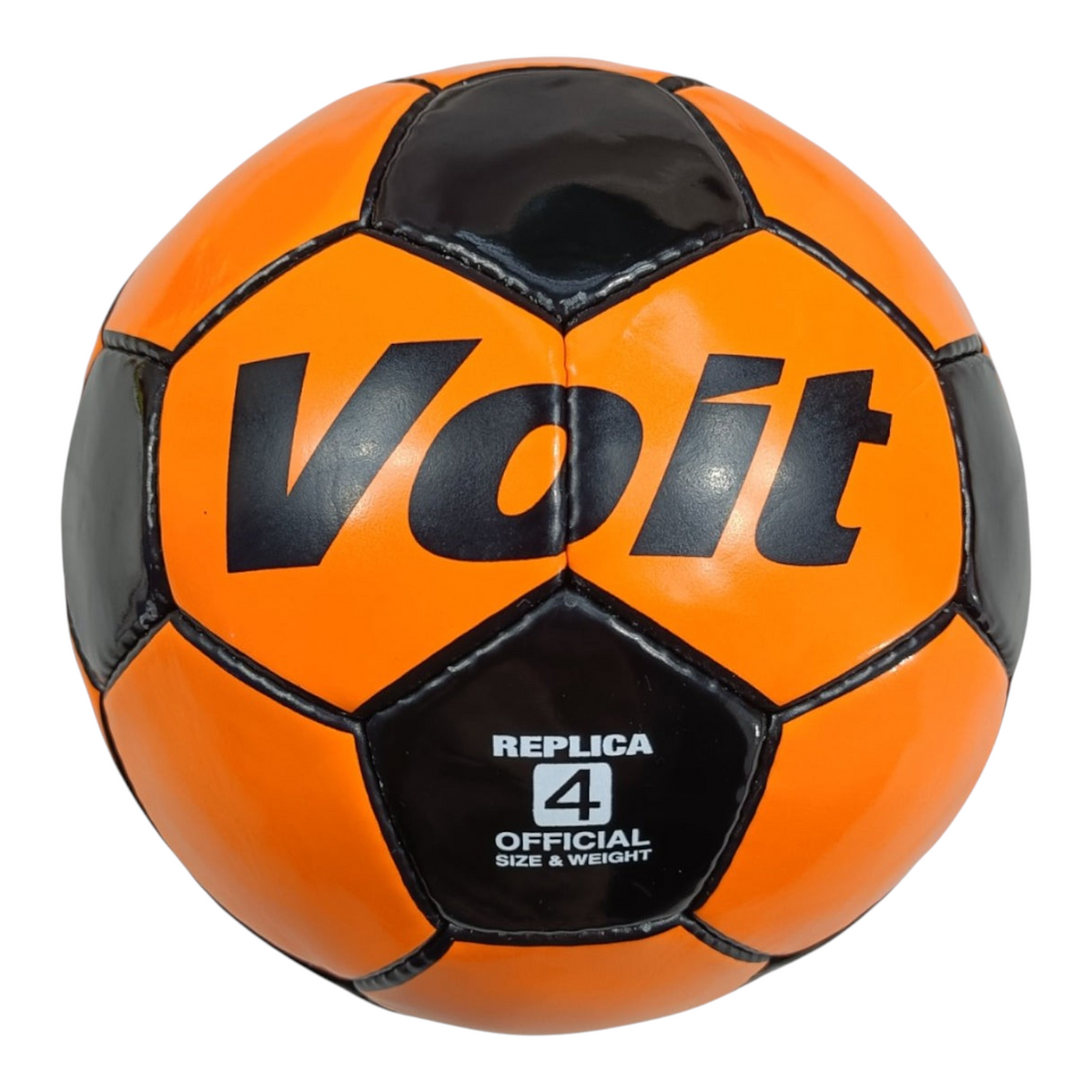 Balón de fútbol Radach Sports Voit Neon Classic talla 4 en color naranja neón y negro con diseño de 32 paneles