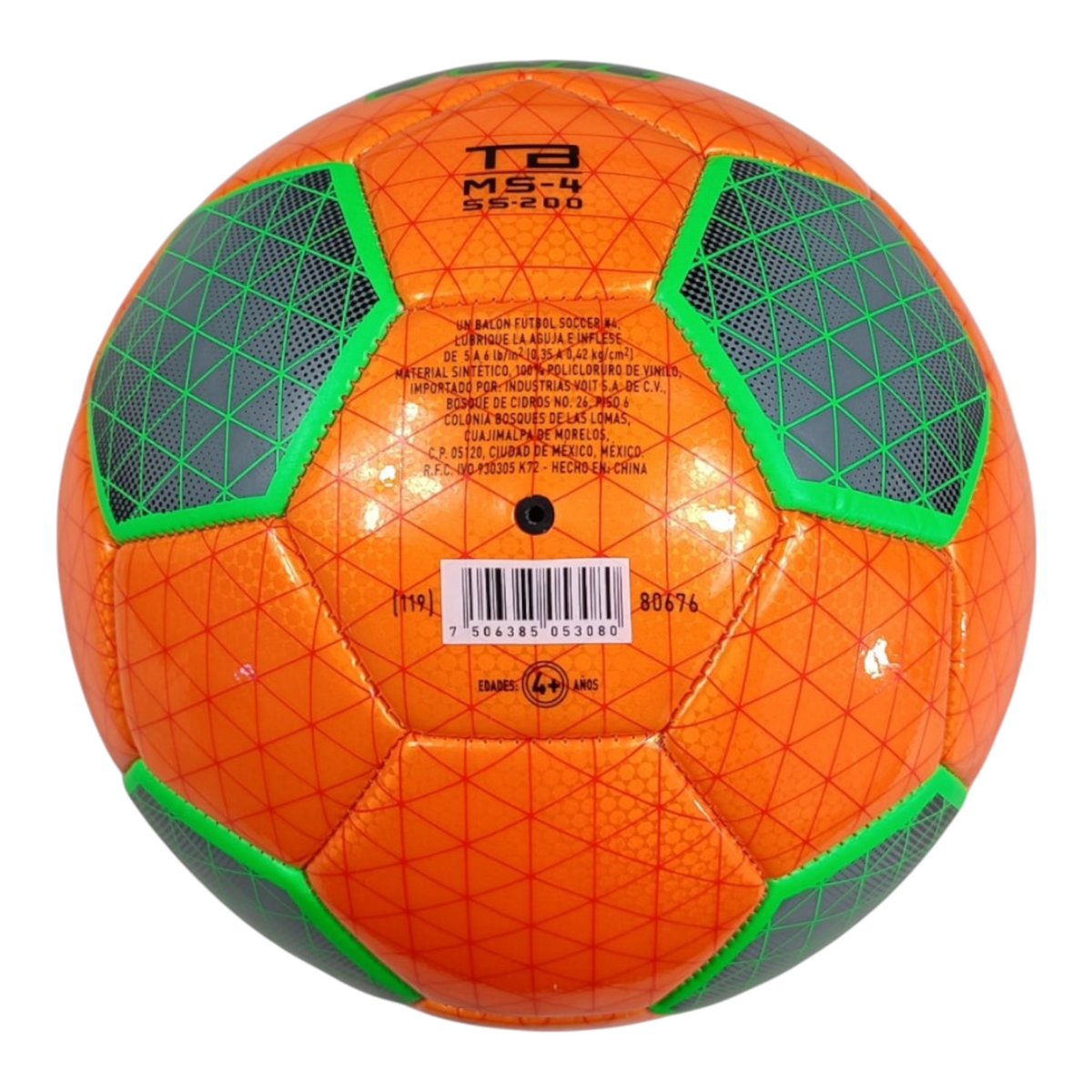 Balón de fútbol Radach Sports Voit Nexus número 4 en color naranja brillante con detalles geométricos verdes