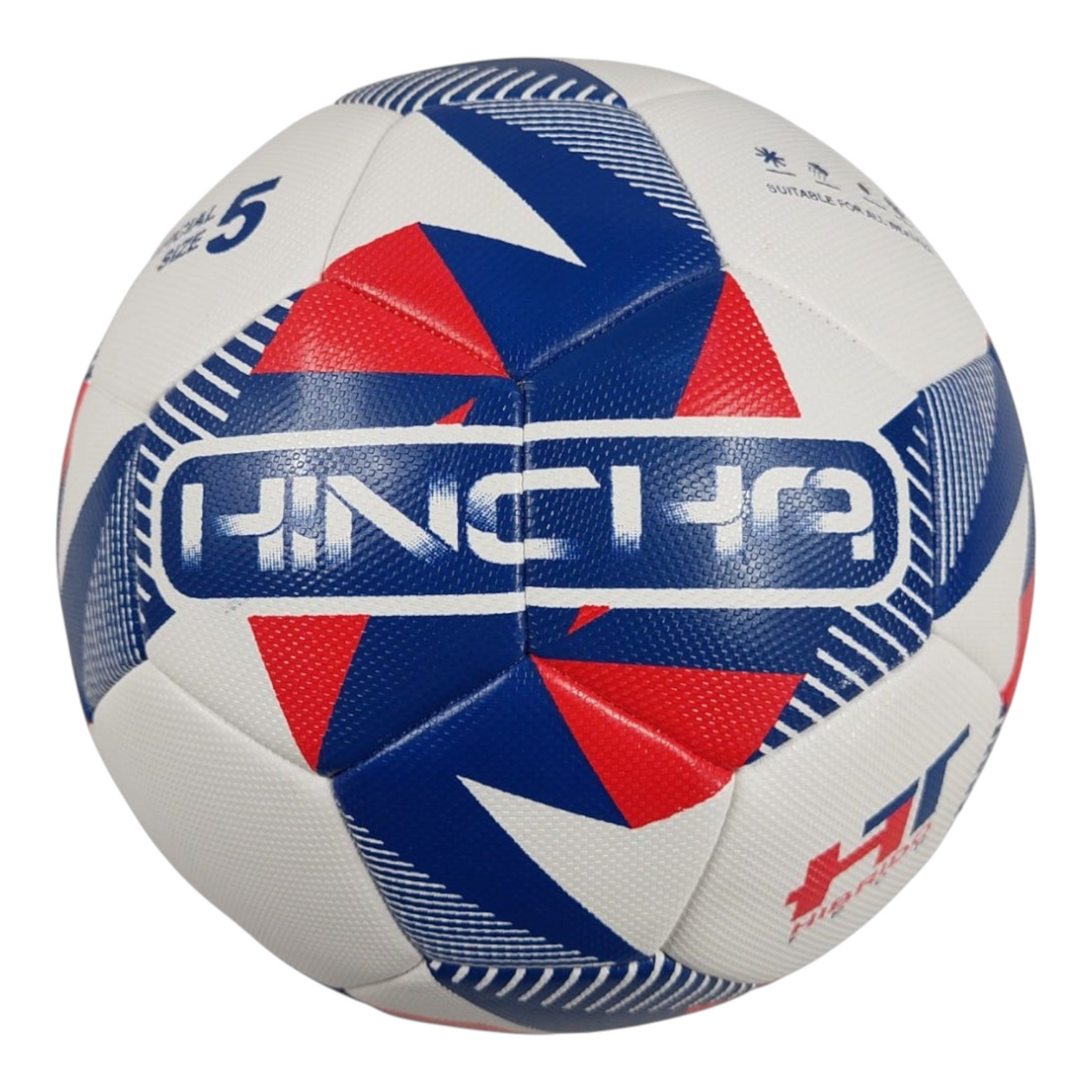 Balón de fútbol Radach Sports Hincha Híbrido talla 5 con diseño tricolor en rojo, azul y blanco para alto rendimiento