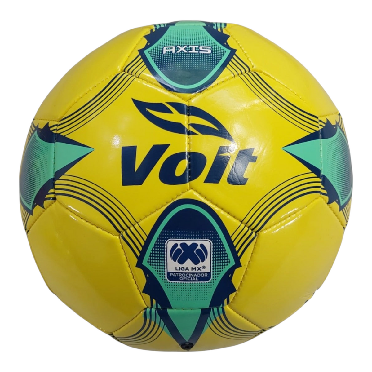 Balón de fútbol Radach Sports Voit Axis No. 5 amarillo con detalles en verde y azul, diseño de 32 paneles de PVC.