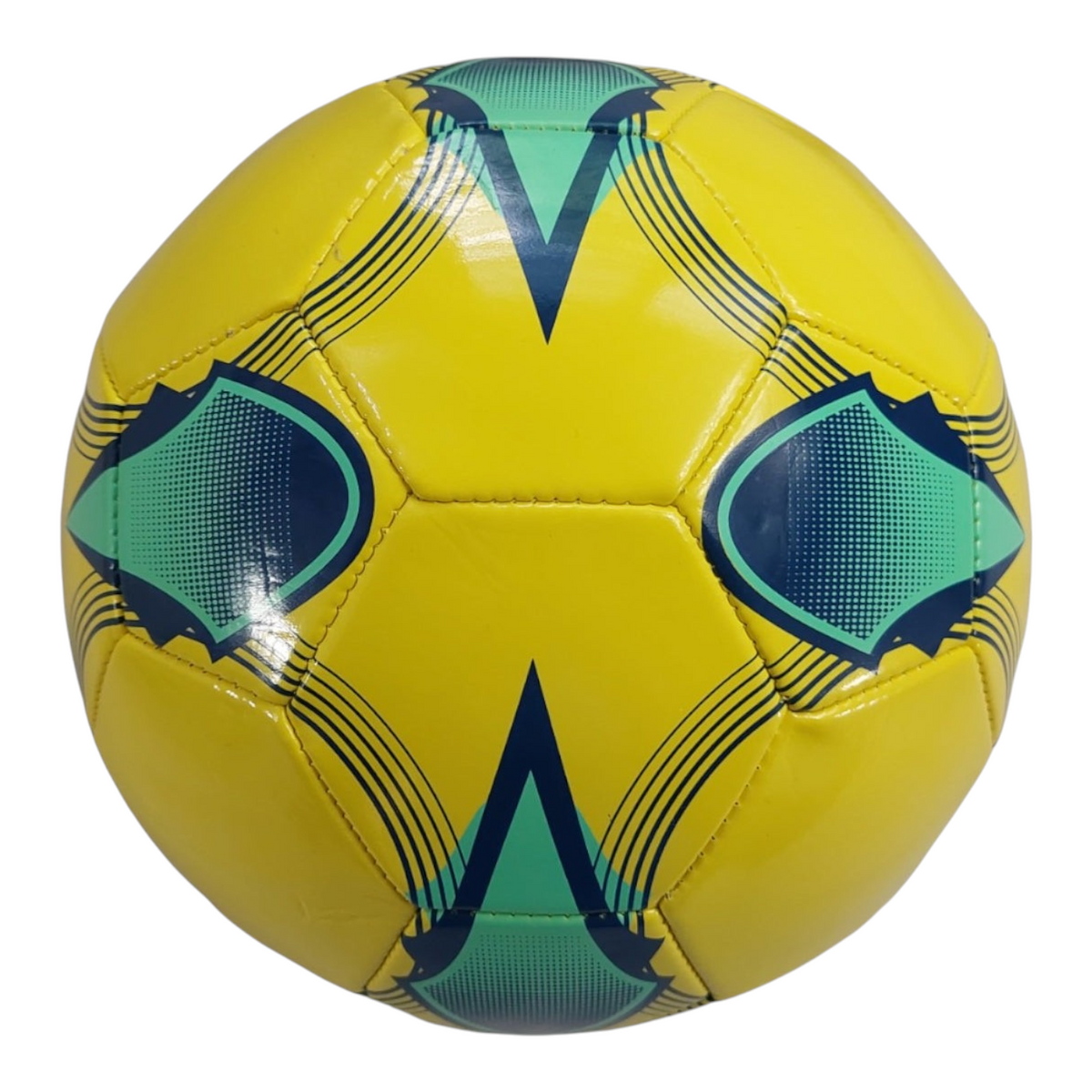 Balón de fútbol Radach Sports Voit Axis número 5 en color amarillo con detalles geométricos en verde y azul