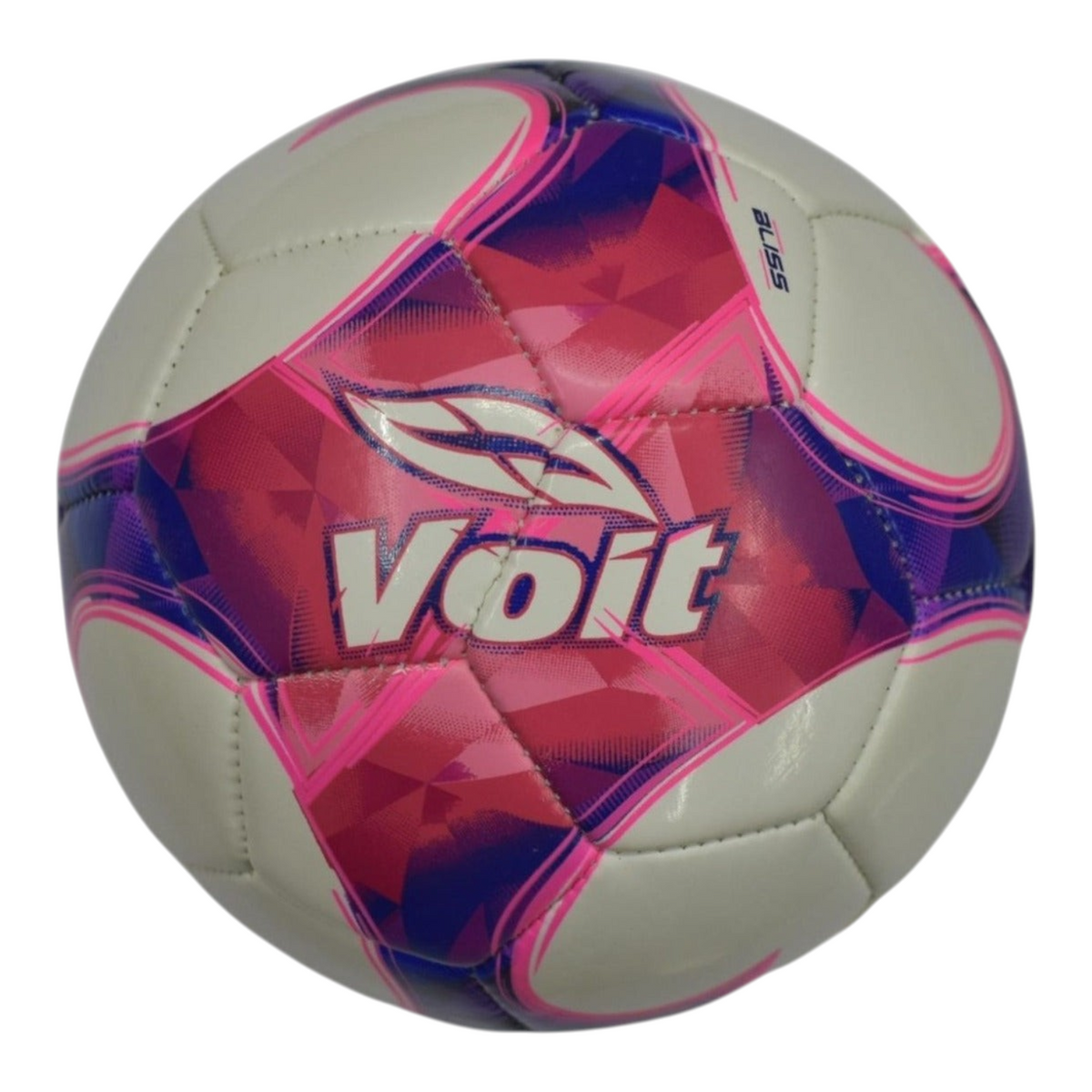 Balón de futbol soccer Radach Sports Voit Bliss tamaño 2 en color blanco, rosa y morado con diseño geométrico