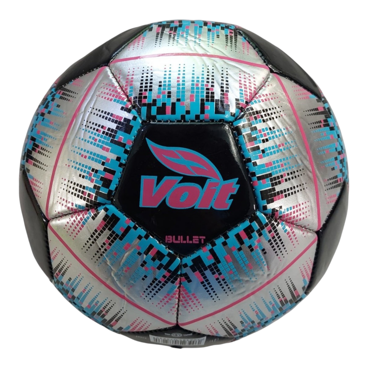 Balón de fútbol Radach Sports Voit Bullet número 5 con diseño aerodinámico en colores plata, negro, azul y rosa.