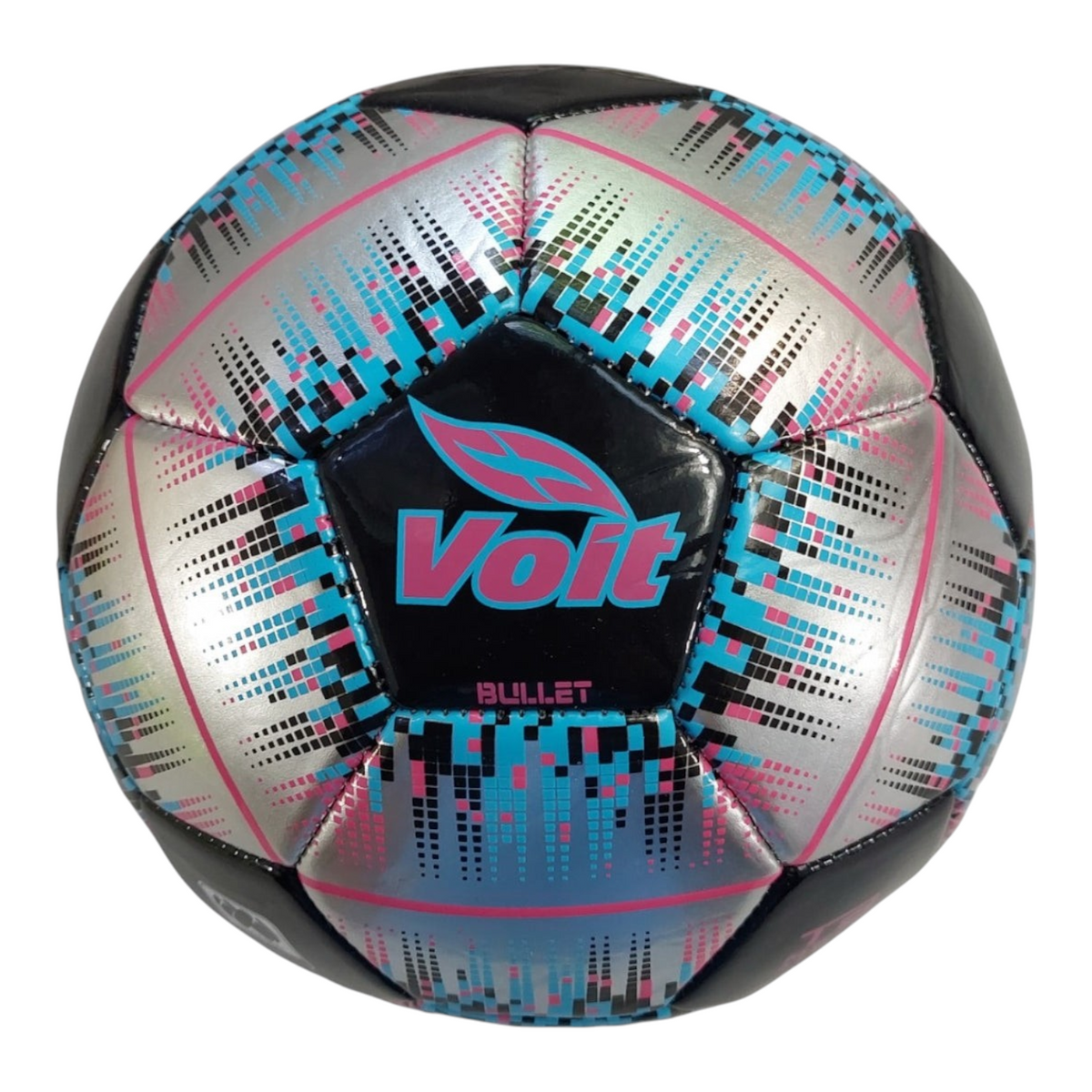 Balón de fútbol Radach Sports Voit Bullet número 5 con diseño aerodinámico en colores plata, negro, azul y rosa.