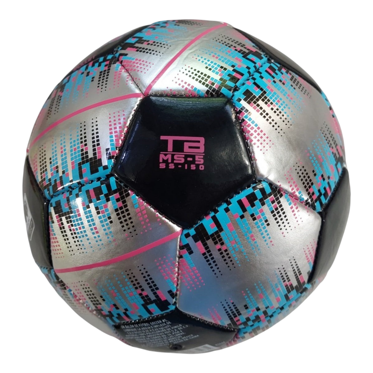Balón de fútbol Radach Sports Voit Bullet número 5 con diseño geométrico en colores plata, negro, azul y rosa.