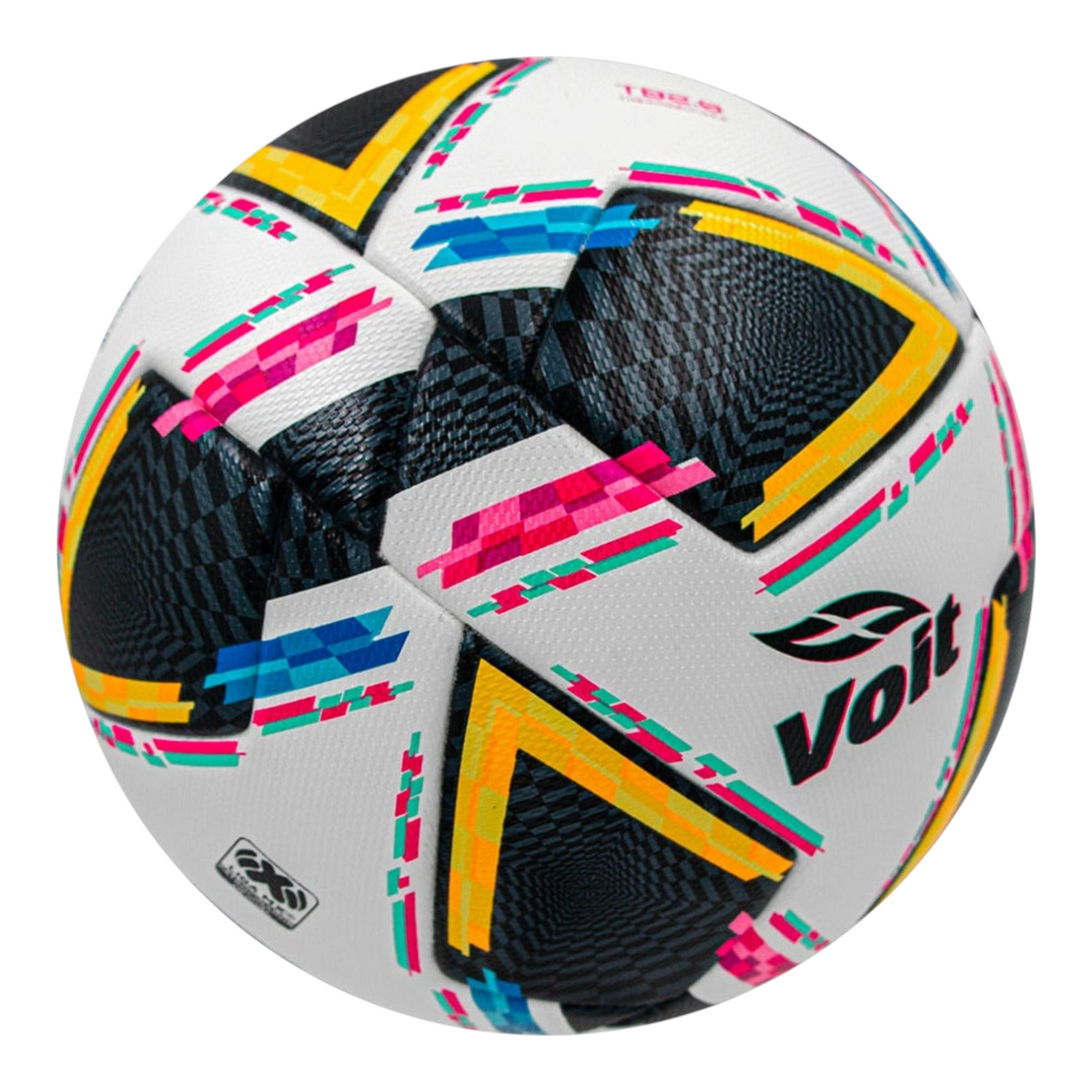 Balón de fútbol Radach Sports Voit Morph Apertura 2024, talla 5, diseño blanco con gráficos geométricos coloridos.