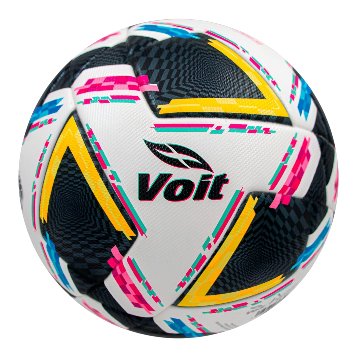 Balón de fútbol Radach Sports Voit Morph Apertura 2024 blanco con gráficos geométricos en negro, amarillo y rosa