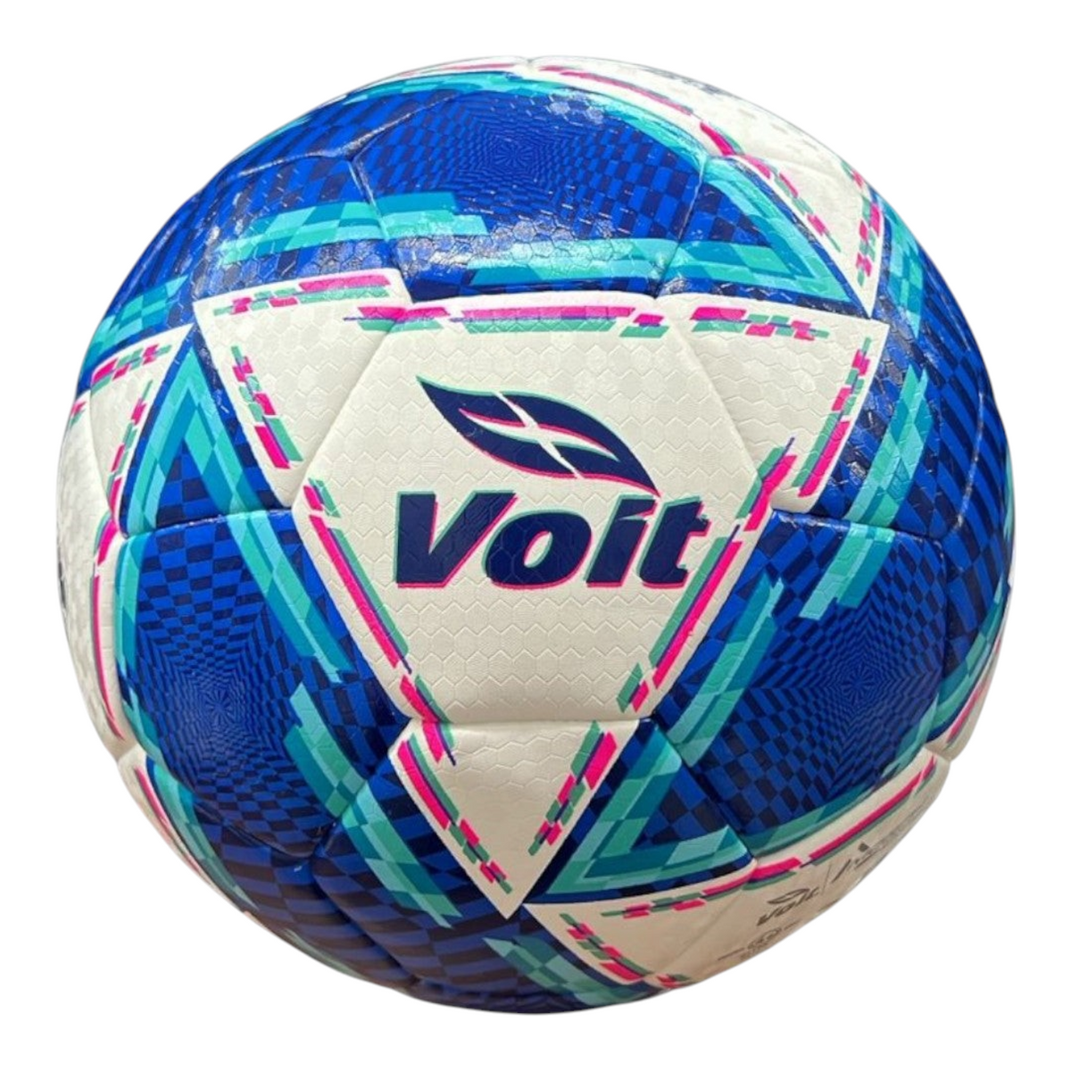 Balón de fútbol Radach Sports Voit Morph Apertura 2024, diseño híbrido blanco y azul con detalles geométricos.
