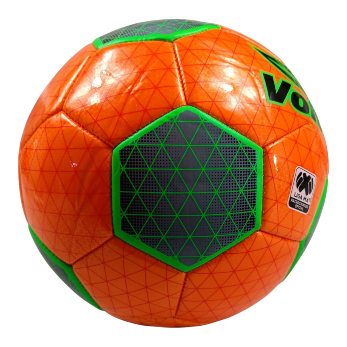 Balón de fútbol Radach Sports Voit Nexus número 4 en color naranja brillante con detalles geométricos en verde