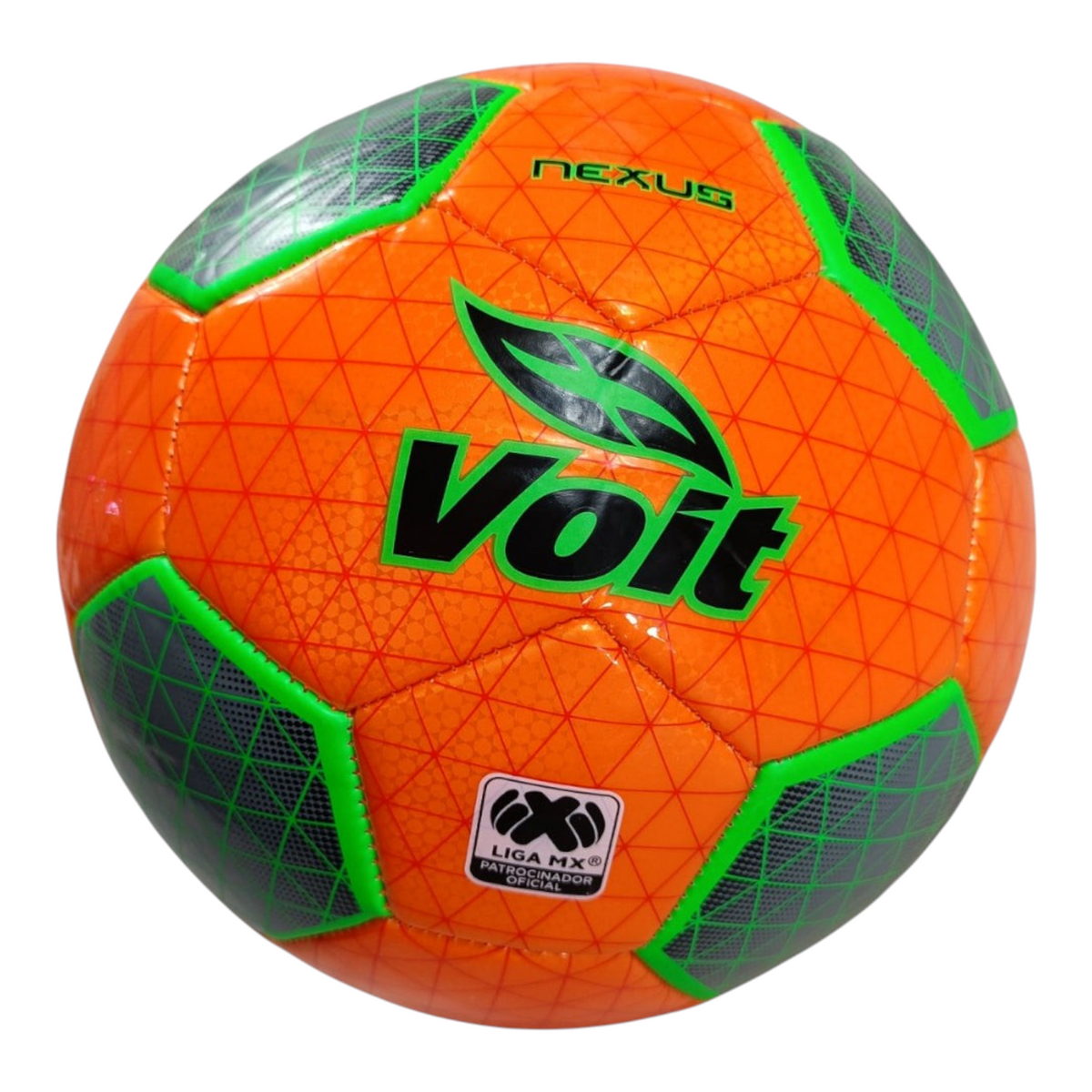 Balón de fútbol Radach Sports Voit Nexus número 4 en color naranja brillante con detalles geométricos verdes.