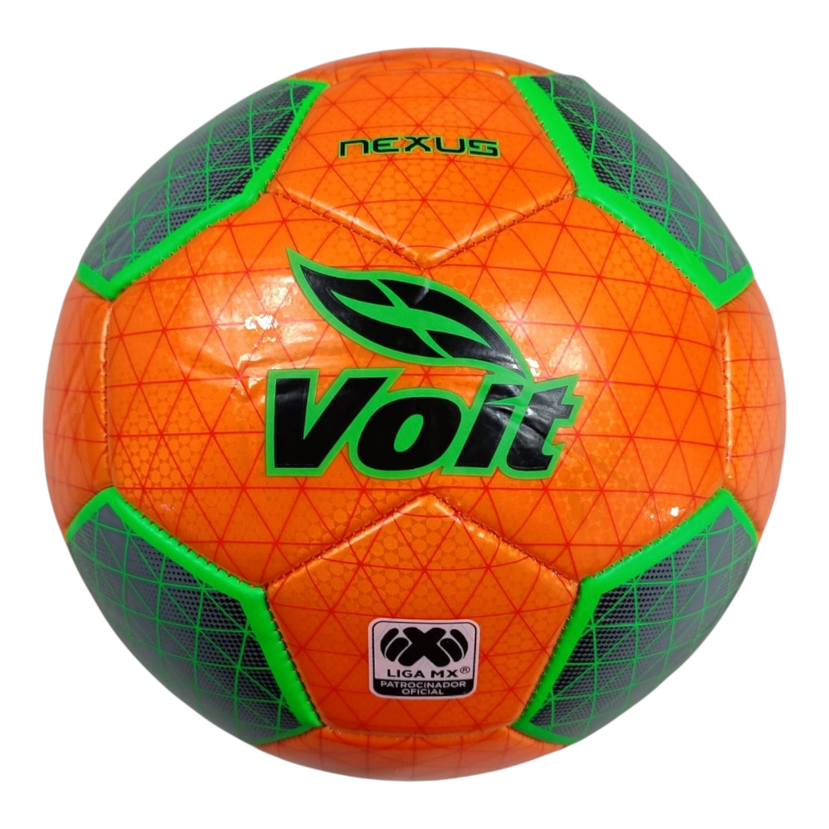 Balón de fútbol Radach Sports Voit Nexus número 4 en color naranja brillante con detalles geométricos verdes