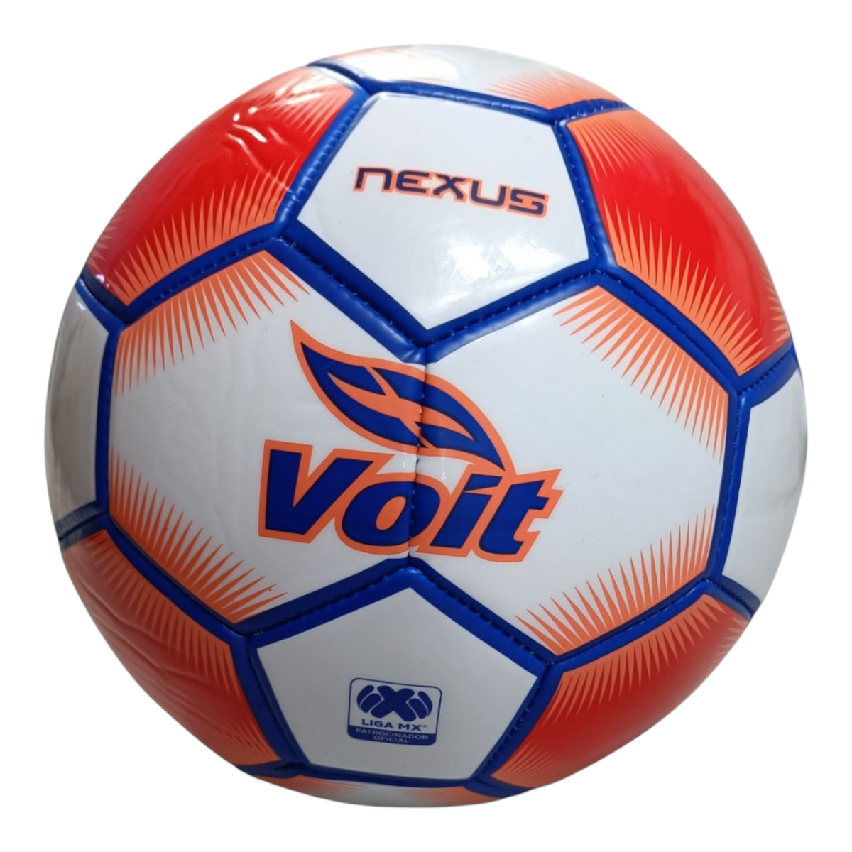 Balón de fútbol Radach Sports Voit Nexus número 5 con diseño de 30 paneles en colores blanco, naranja y azul
