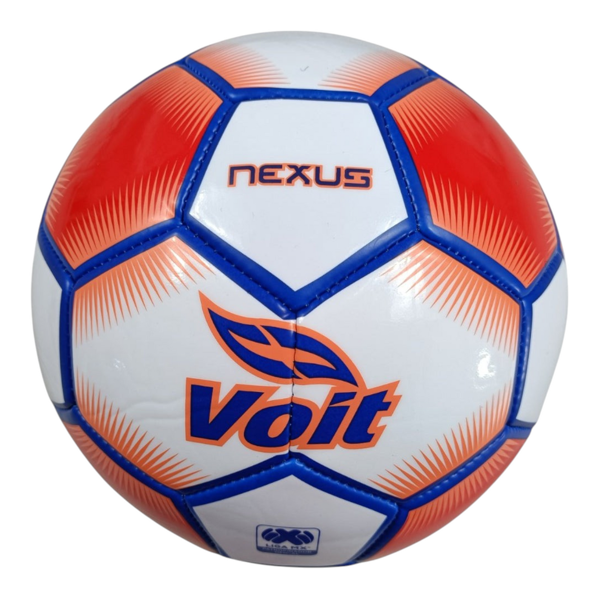 Balón de fútbol Radach Sports Voit Nexus número 5, diseño de 30 paneles en color blanco, naranja y azul de PVC.