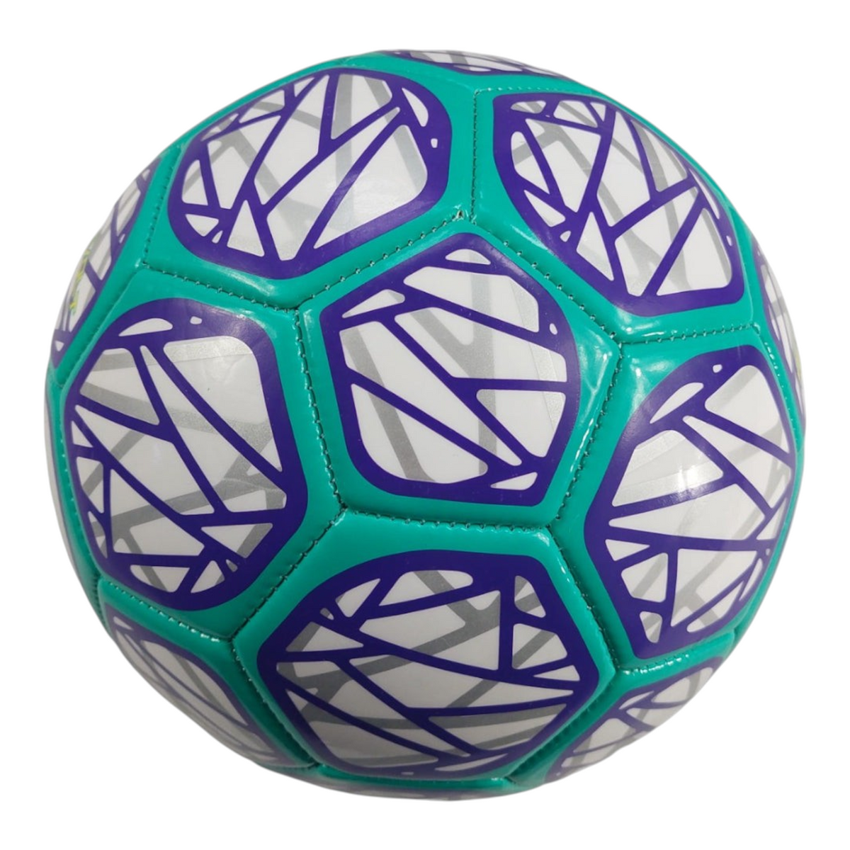 Balón de fútbol Radach Sports Voit Revolt número 5 con diseño geométrico en color morado y turquesa