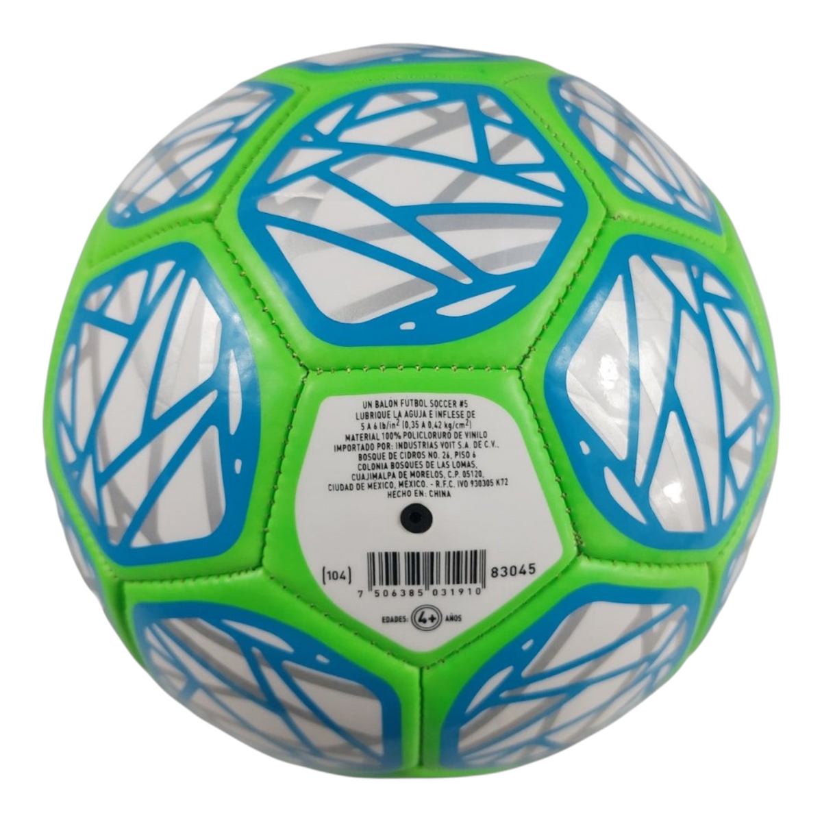Balón de fútbol número 5 Voit Revolt de Radach Sports en color verde y azul con diseño geométrico de vinilo