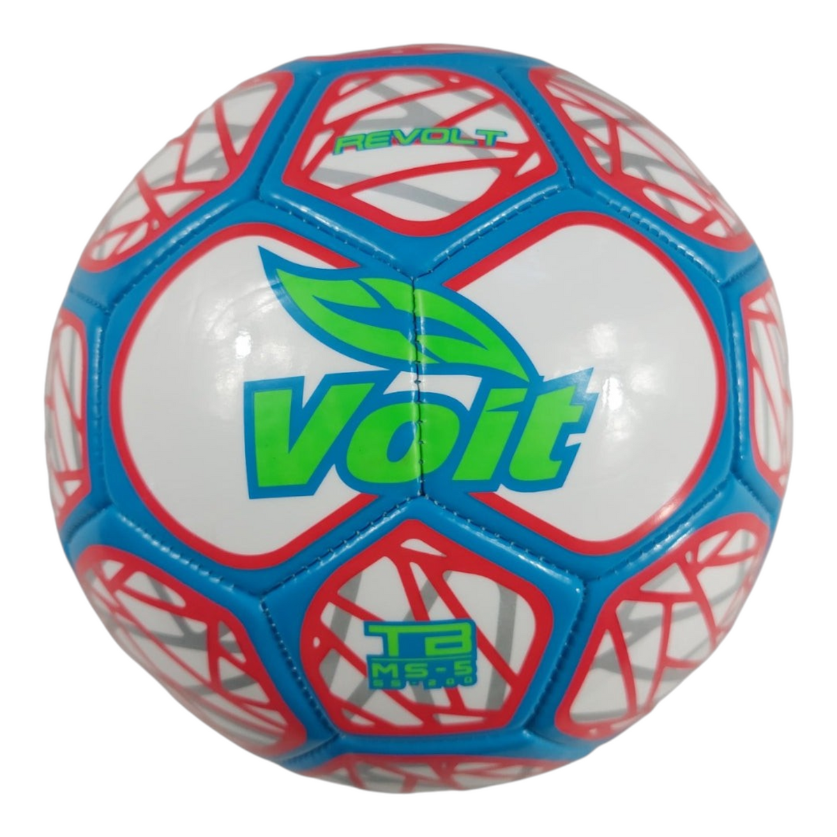 Balón de fútbol Radach Sports Voit Revolt número 5 con diseño gráfico en colores blanco, rojo y azul brillante