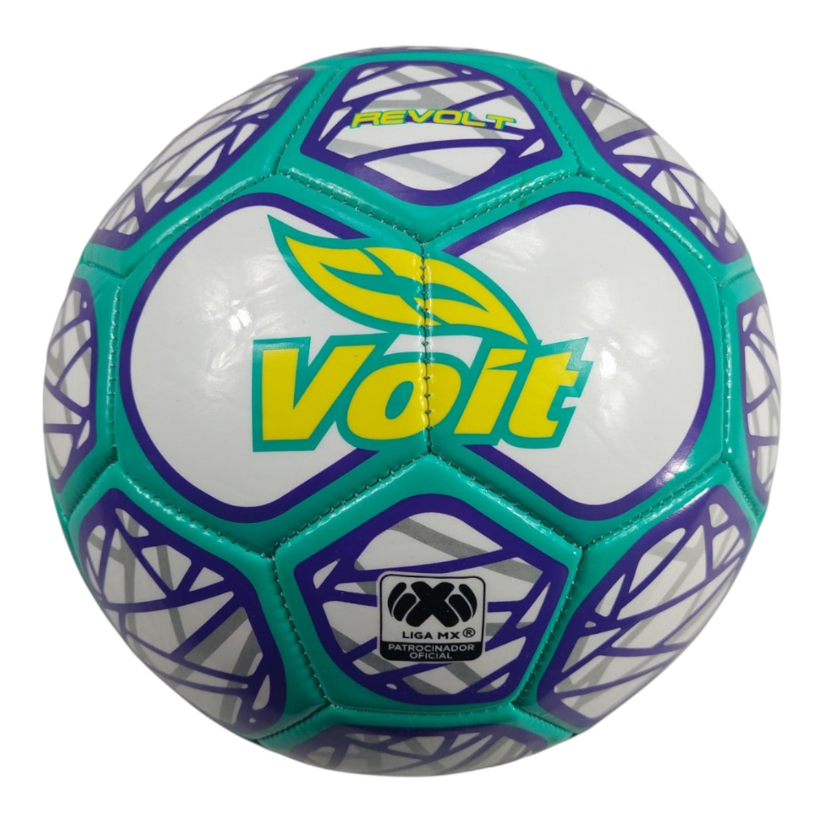 Balón de fútbol Radach Sports Voit Revolt número 5 en color blanco, morado y verde con diseño gráfico moderno