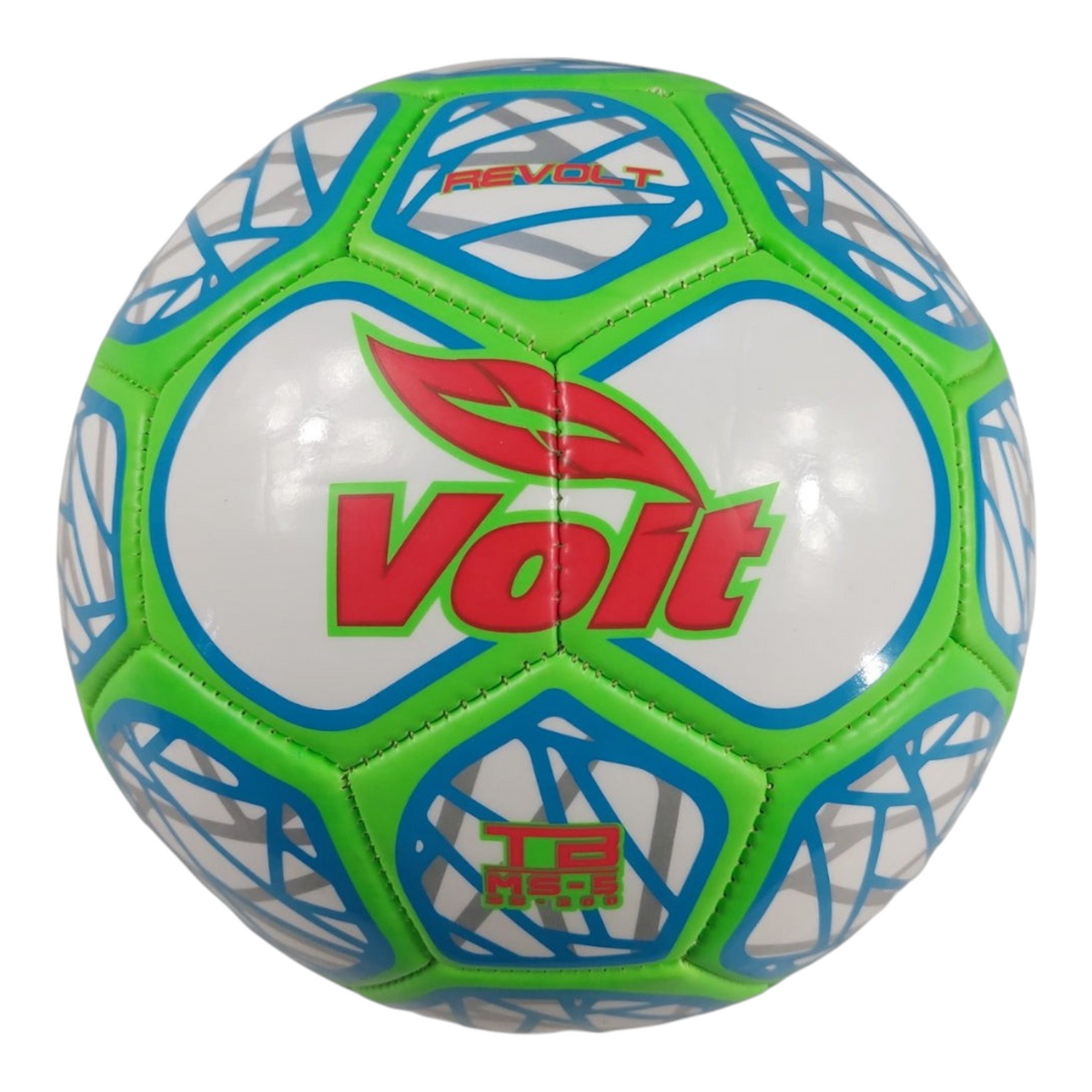 Balón de fútbol Radach Sports Voit Revolt número 5 con diseño geométrico en colores verde, azul y blanco