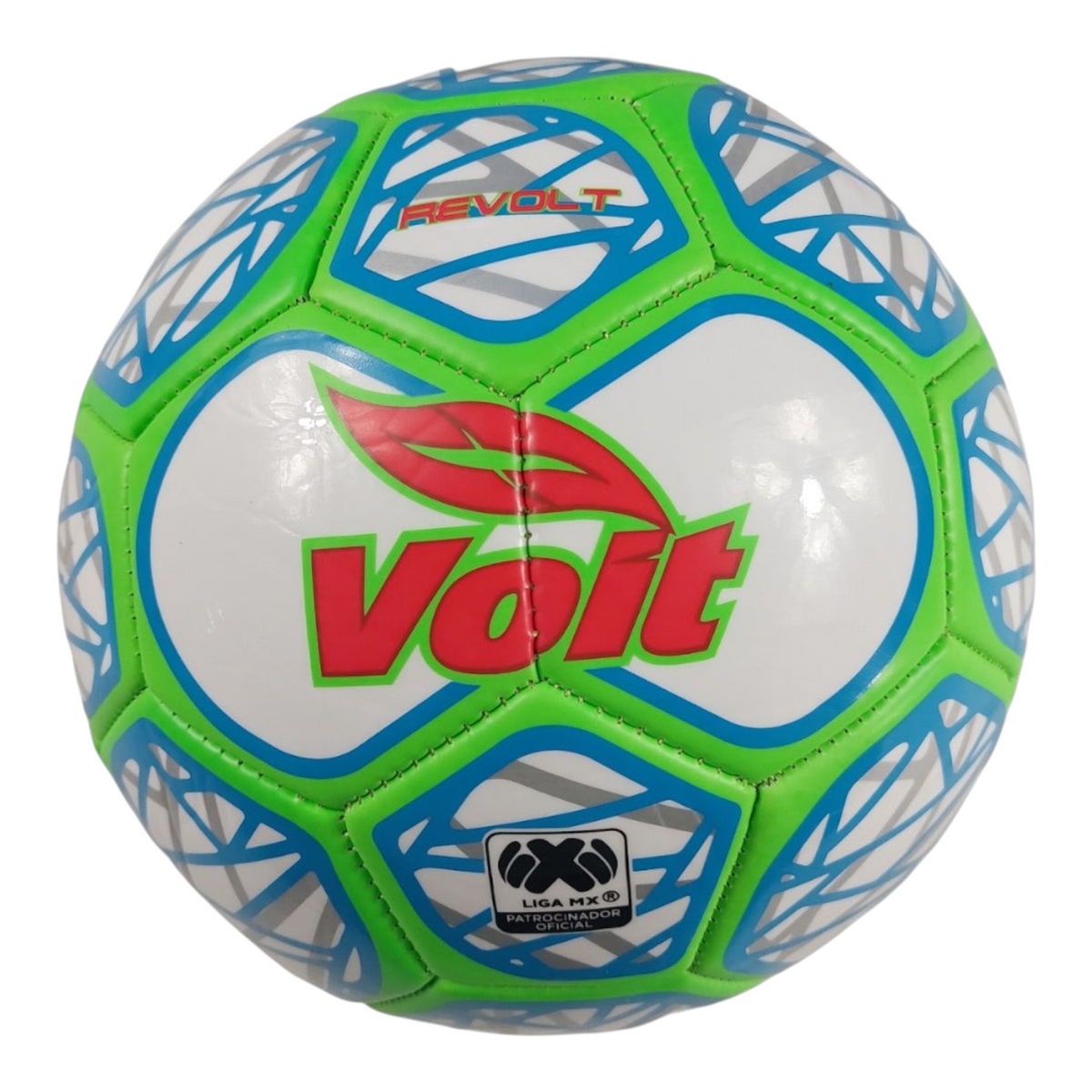 Balón de fútbol Radach Sports Voit Revolt número 5 con diseño geométrico en colores verde, azul y blanco