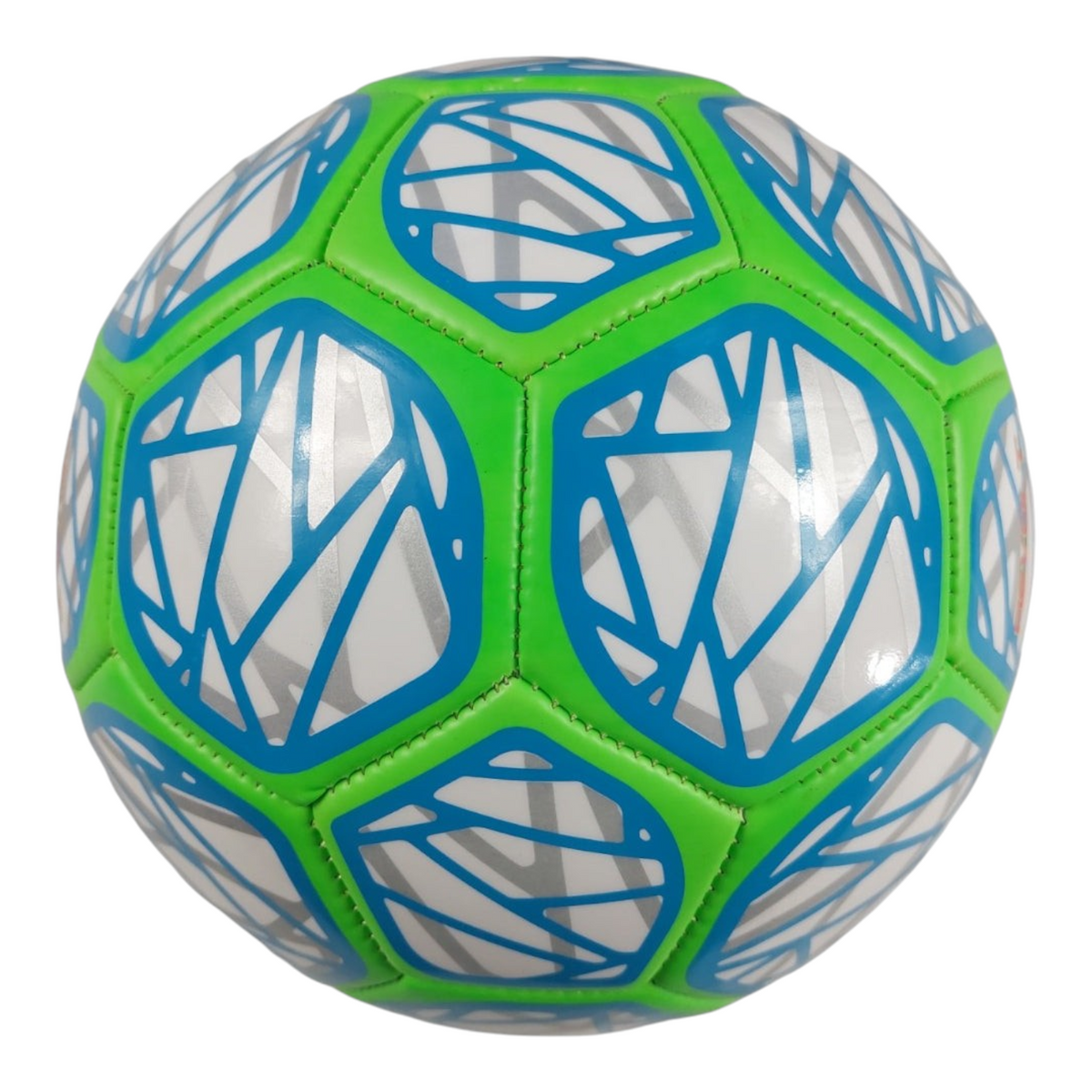 Balón de fútbol Radach Sports Voit Revolt número 5 con diseño geométrico en colores verde, azul y blanco