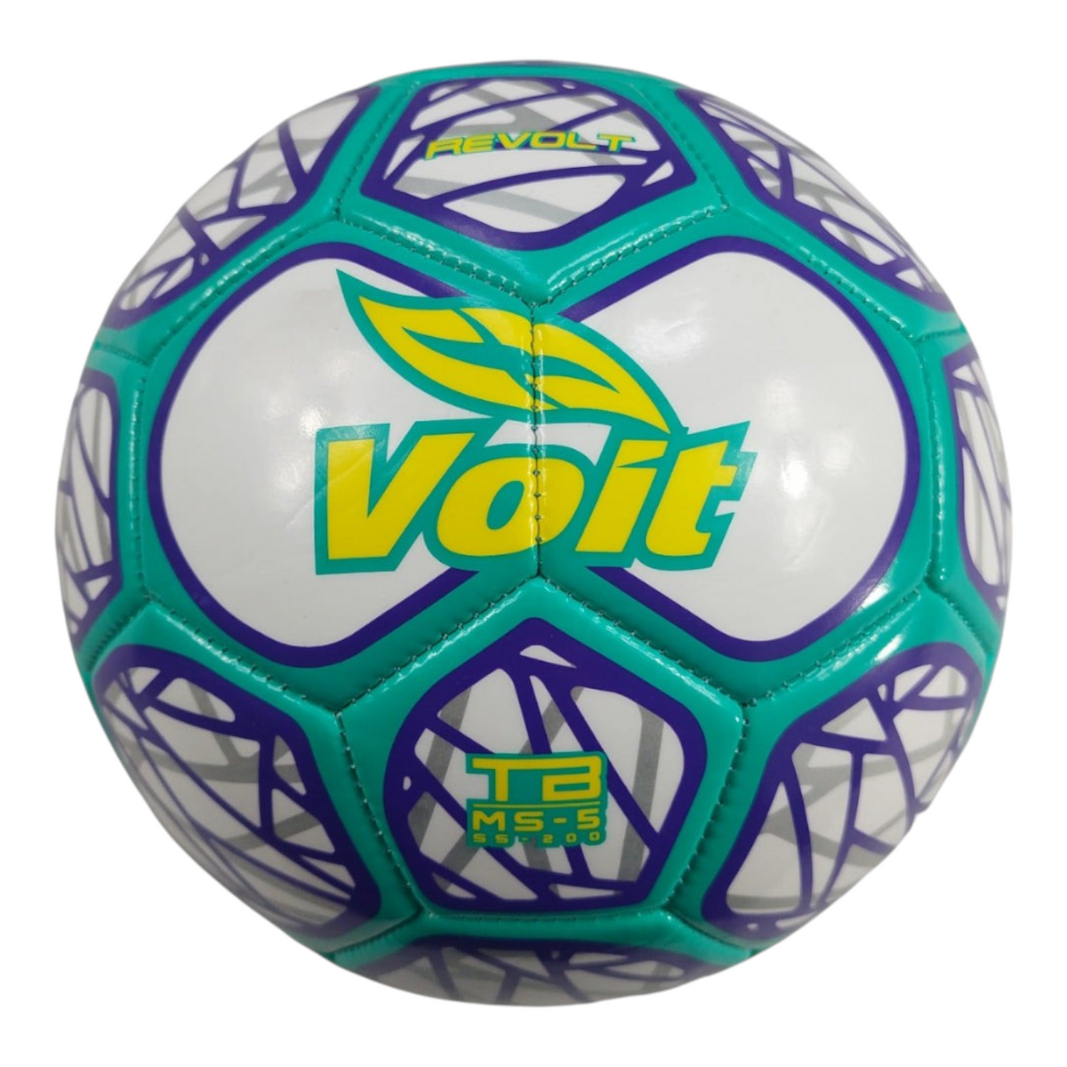 Balón de fútbol Radach Sports Voit Revolt número 5 con diseño geométrico en colores blanco, turquesa y morado