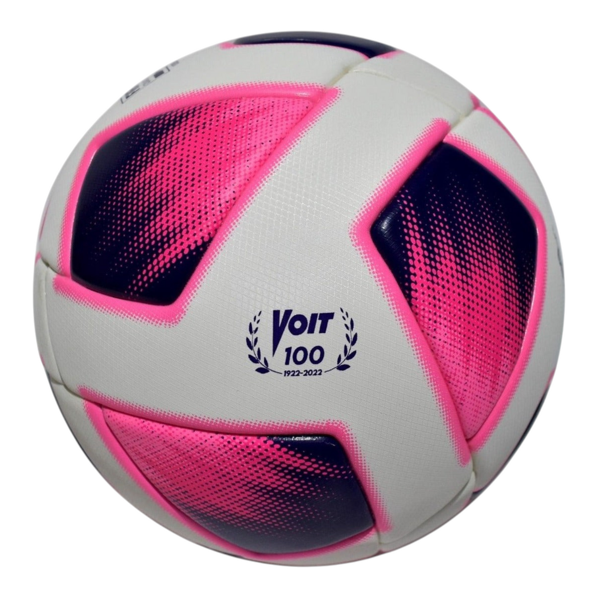 Balón de fútbol Radach Sports Voit 100 años con diseño termolaminado en color blanco, rosa y detalles oscuros.