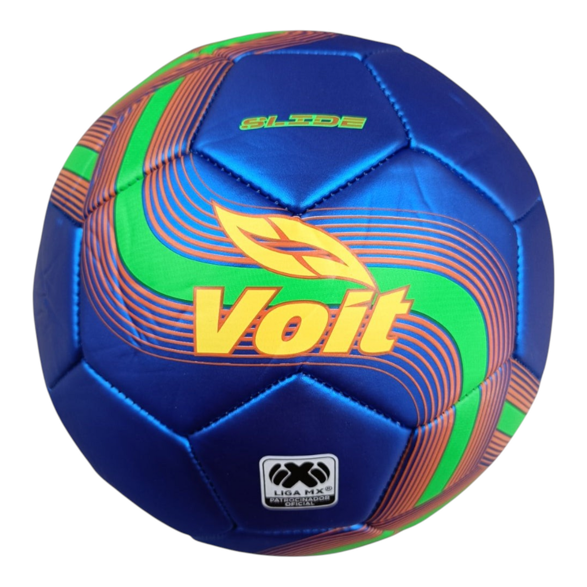 Balón de fútbol Radach Sports Voit Slide número 4 en color azul con detalles verdes y naranjas