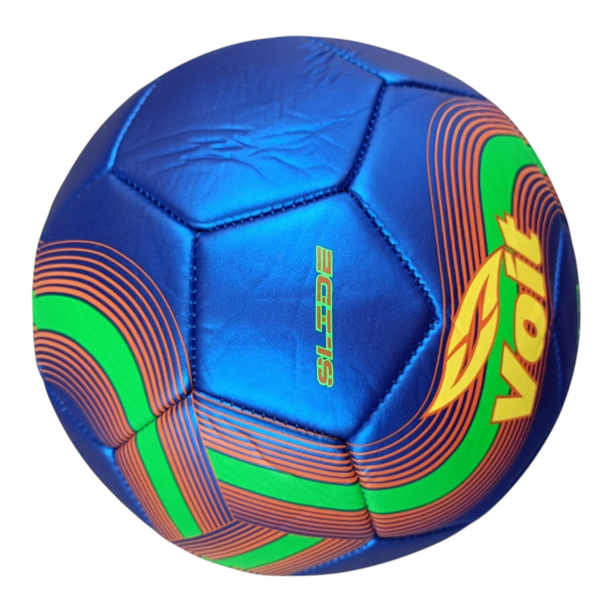 Balón de fútbol Radach Sports Voit Slide número 4 en color azul metálico con detalles en verde y naranja