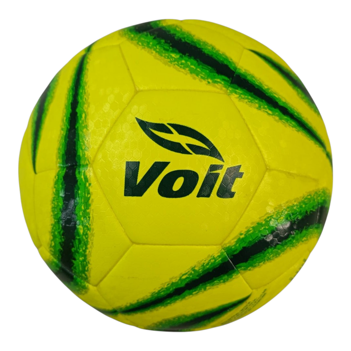 Balón de fútbol Radach Sports Voit Tempest amarillo con detalles verdes, diseño híbrido de 32 paneles para Liga MX.
