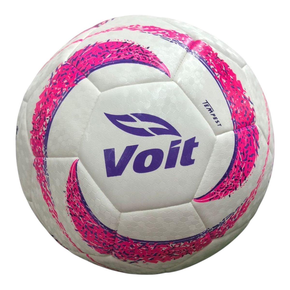 Balón de fútbol Radach Sports Voit Tempest SS300 híbrido, tamaño 5, color blanco con detalles en rosa y morado.